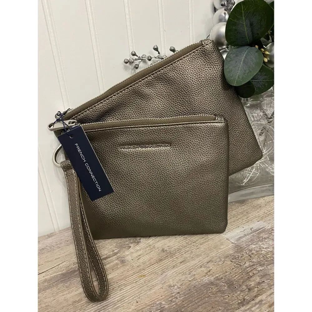 French Connection Pewter Pebble Double Pouch Wristlet